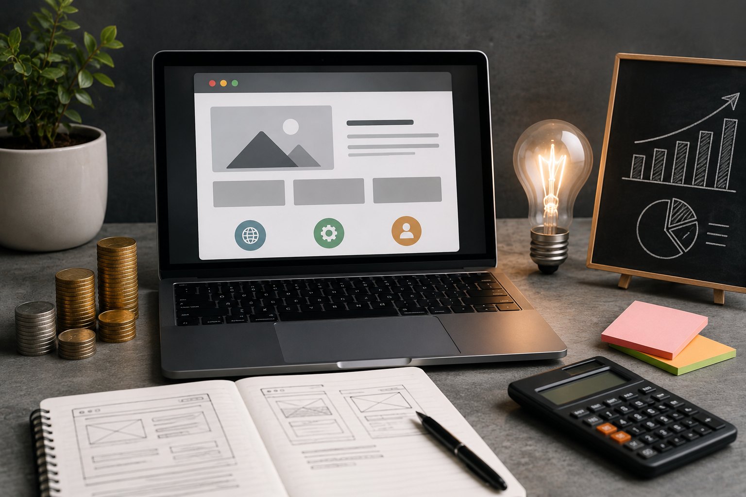 Portátil mostrando una web junto a monedas, una calculadora y un cuaderno con bocetos de páginas
