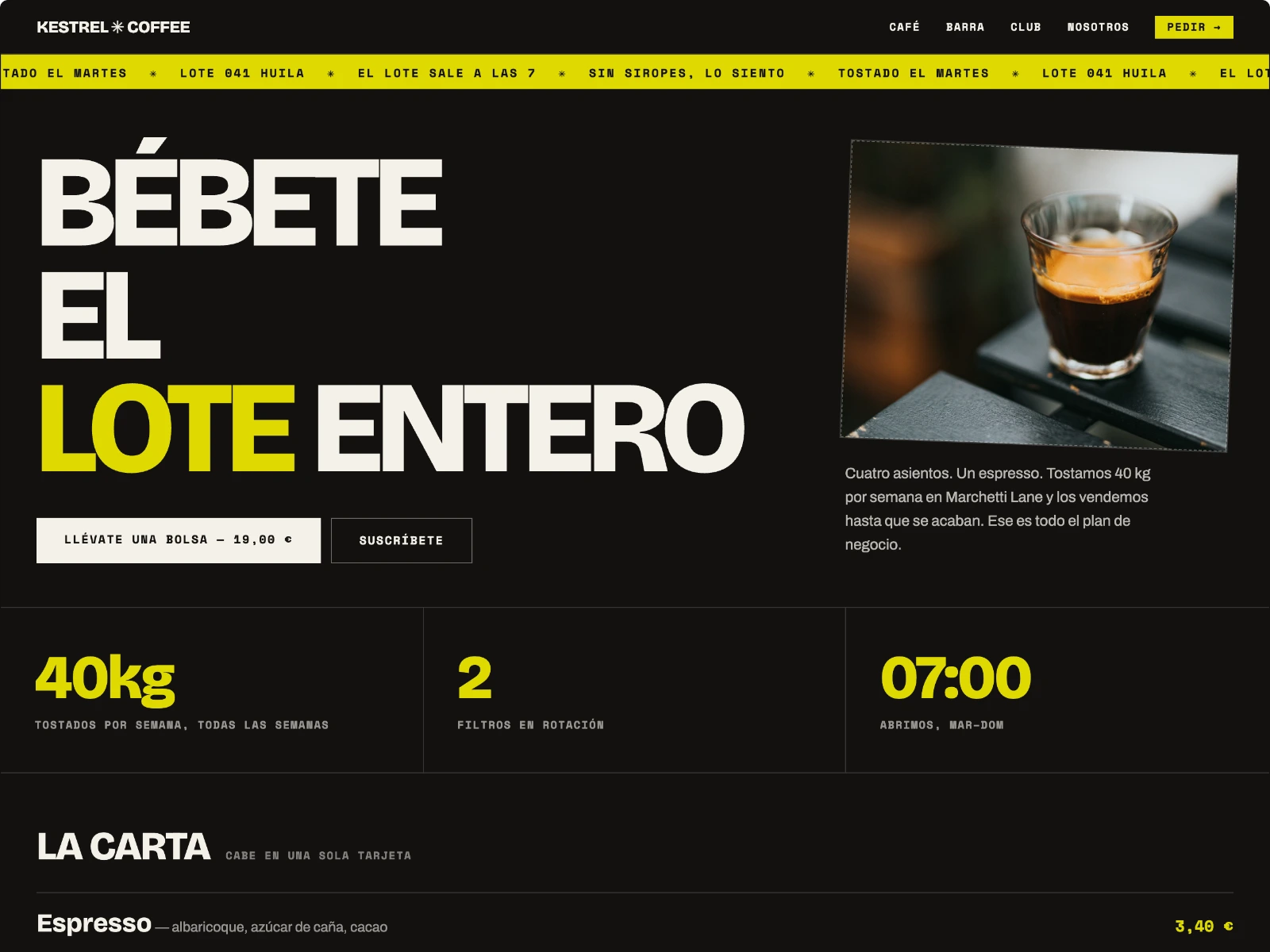 Portada de la landing de Kestrel Coffee, tostador y cafetería