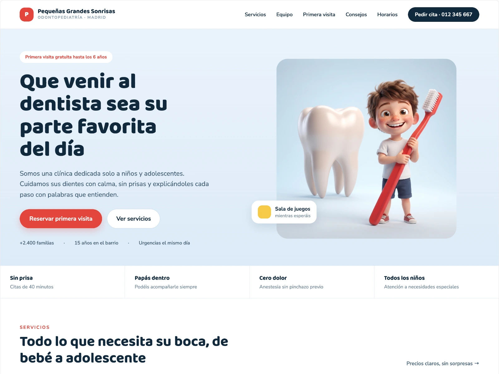 Portada de la web de Pequeñas Grandes Sonrisas, clínica de odontopediatría en Madrid