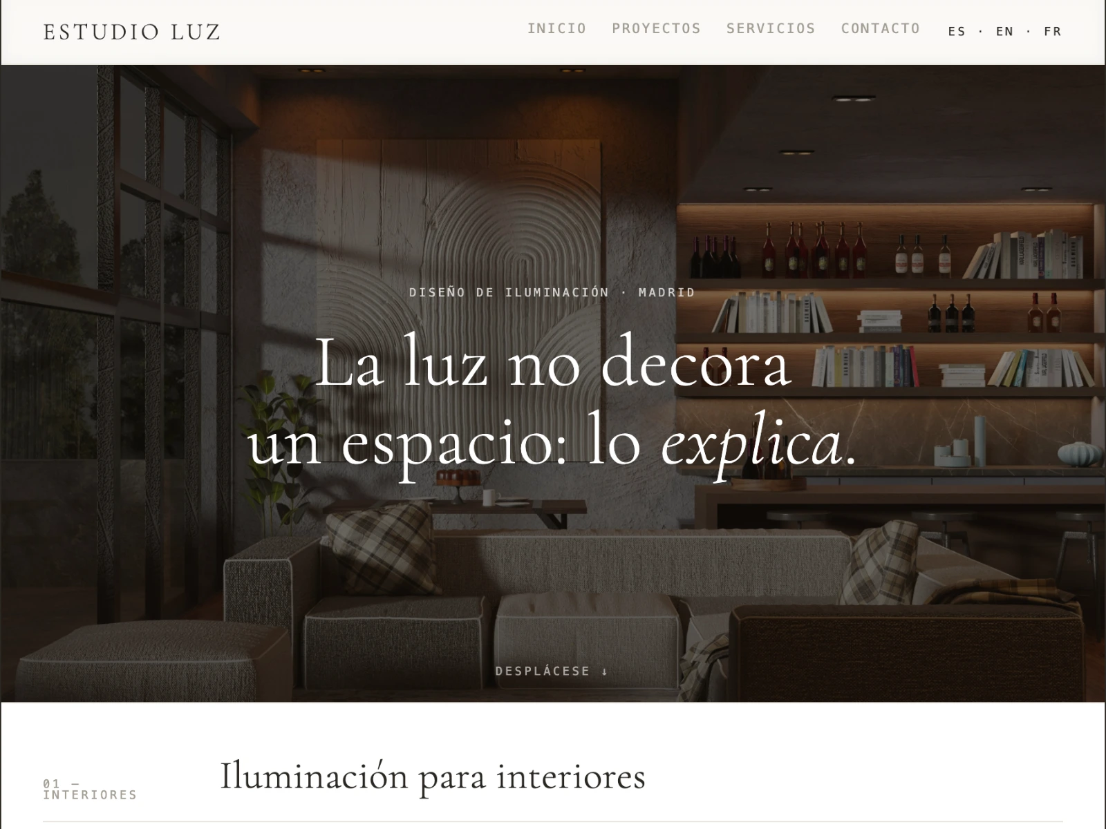 Portada de la web de Estudio Luz, diseño de iluminación e instalación eléctrica en Madrid