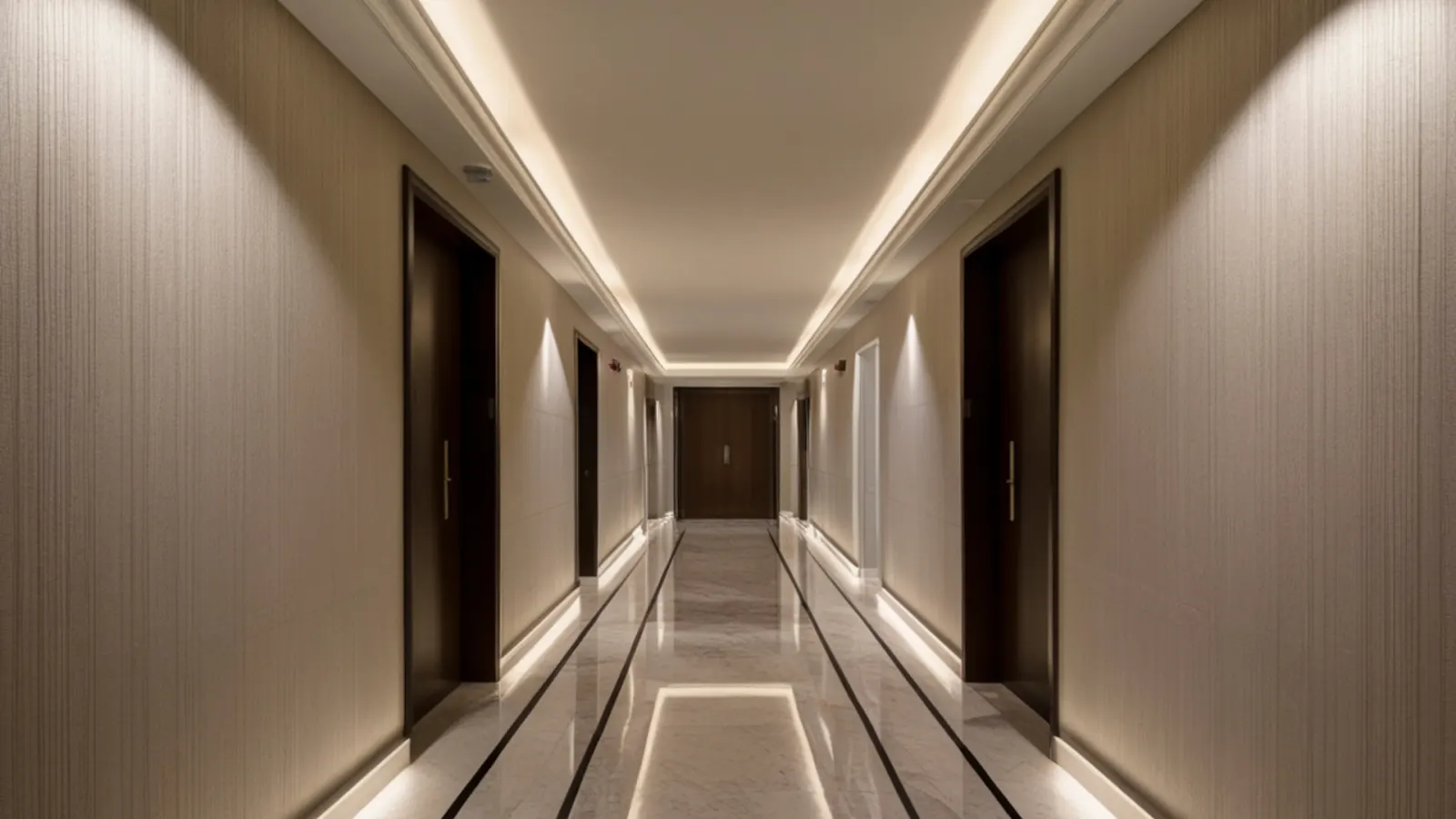 Pasillo de hotel con luz indirecta